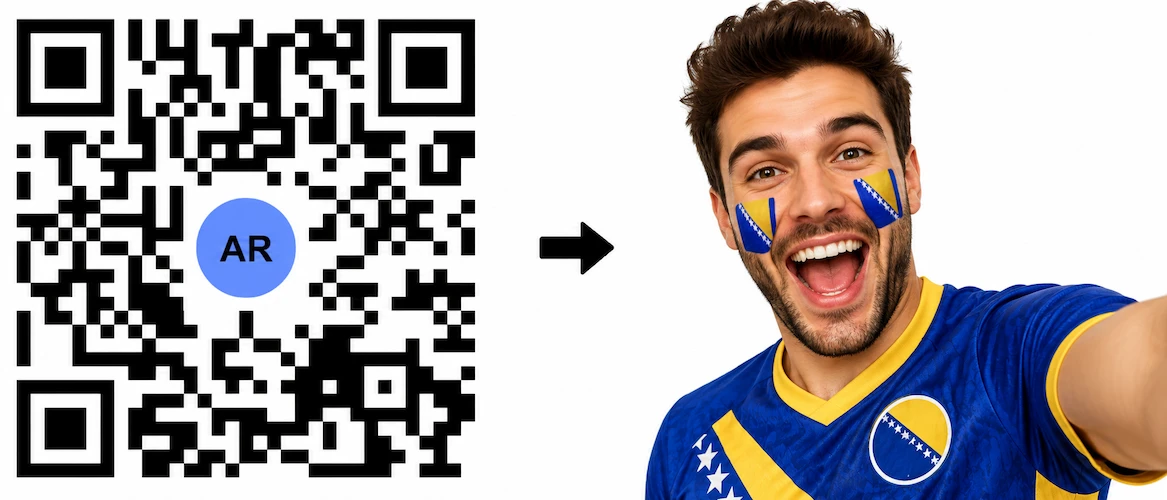 Scan the Bosnia and Herzegovina AR QR Code to launch the AR Face Filter showing the Bosnian flag on both cheeks