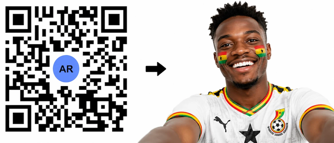 Scan the Ghana AR QR Code to launch the AR Face Filter showing the Ghanaian flag on both cheeks