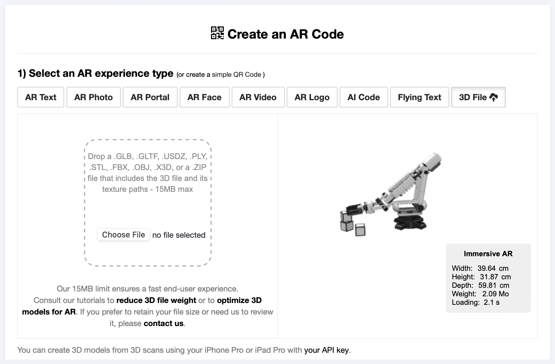 tải lên tệp 3D trên AR code