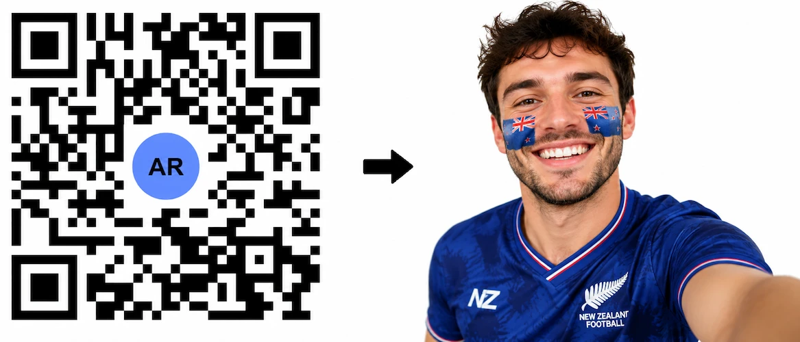 Scan the New Zealand AR QR Code to launch the AR Face Filter showing the New Zealand flag on both cheeks