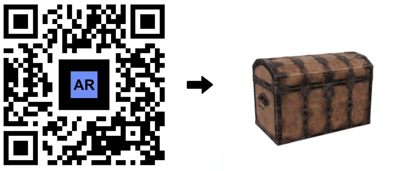 Modello di cassa di legno vintage con codice di realtà aumentata
