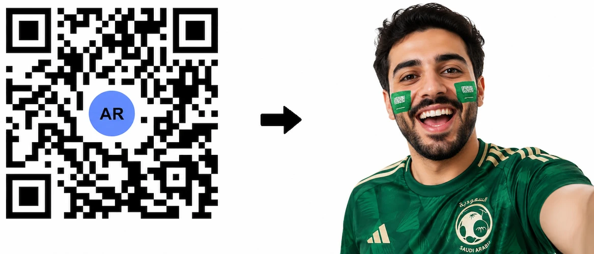 Scan the Saudi Arabia AR QR Code to launch the AR Face Filter showing the Saudi flag on both cheeks
