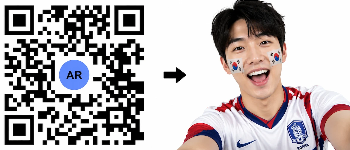 Scan the South Korea AR QR Code to launch the AR Face Filter showing the South Korean flag on both cheeks